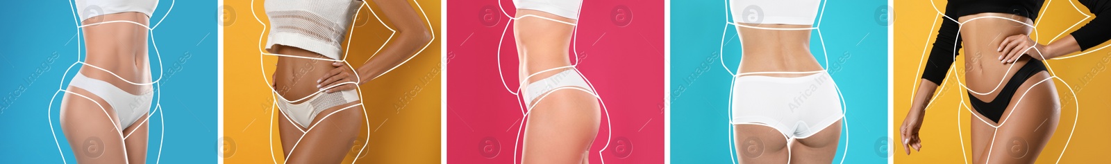 Image of Collage with photos of slim young women wearing beautiful underwear on different color backgrounds, banner design. Illustrations of lines around ladies before weight loss