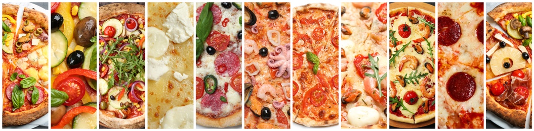 Collage with different pizzas, top view. Banner design 