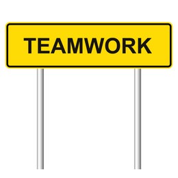 Illustration of Yellow road sign with word Teamwork on white background