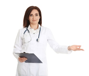 Photo of Portrait of female doctor with clipboard isolated on white. Medical staff