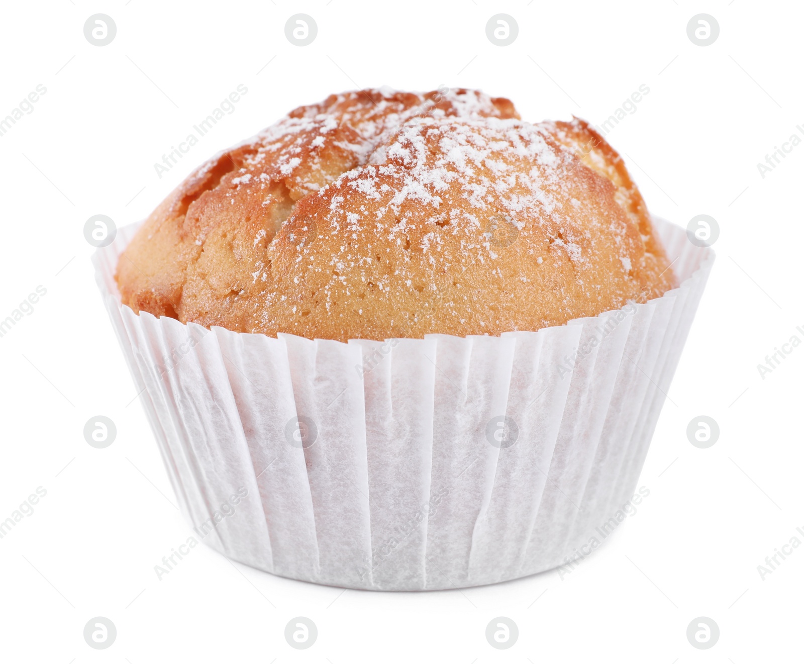 Photo of Tasty muffin powdered with sugar isolated on white