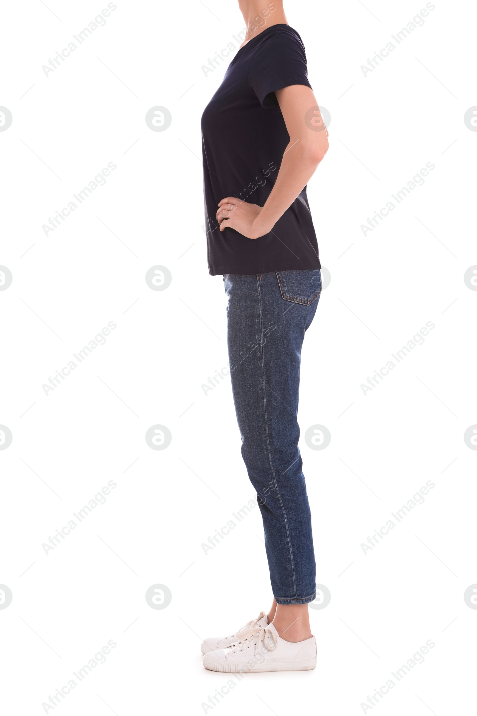 Photo of Young slim woman on white background, closeup. Weight loss