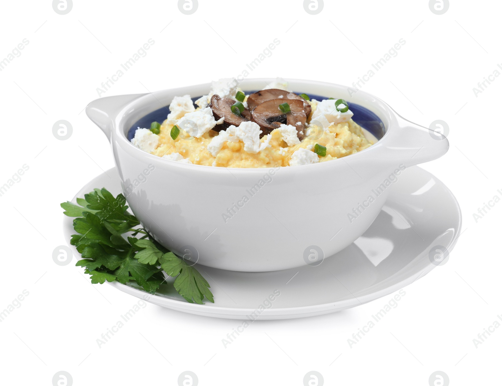 Photo of Delicious traditional banosh in bowl isolated on white