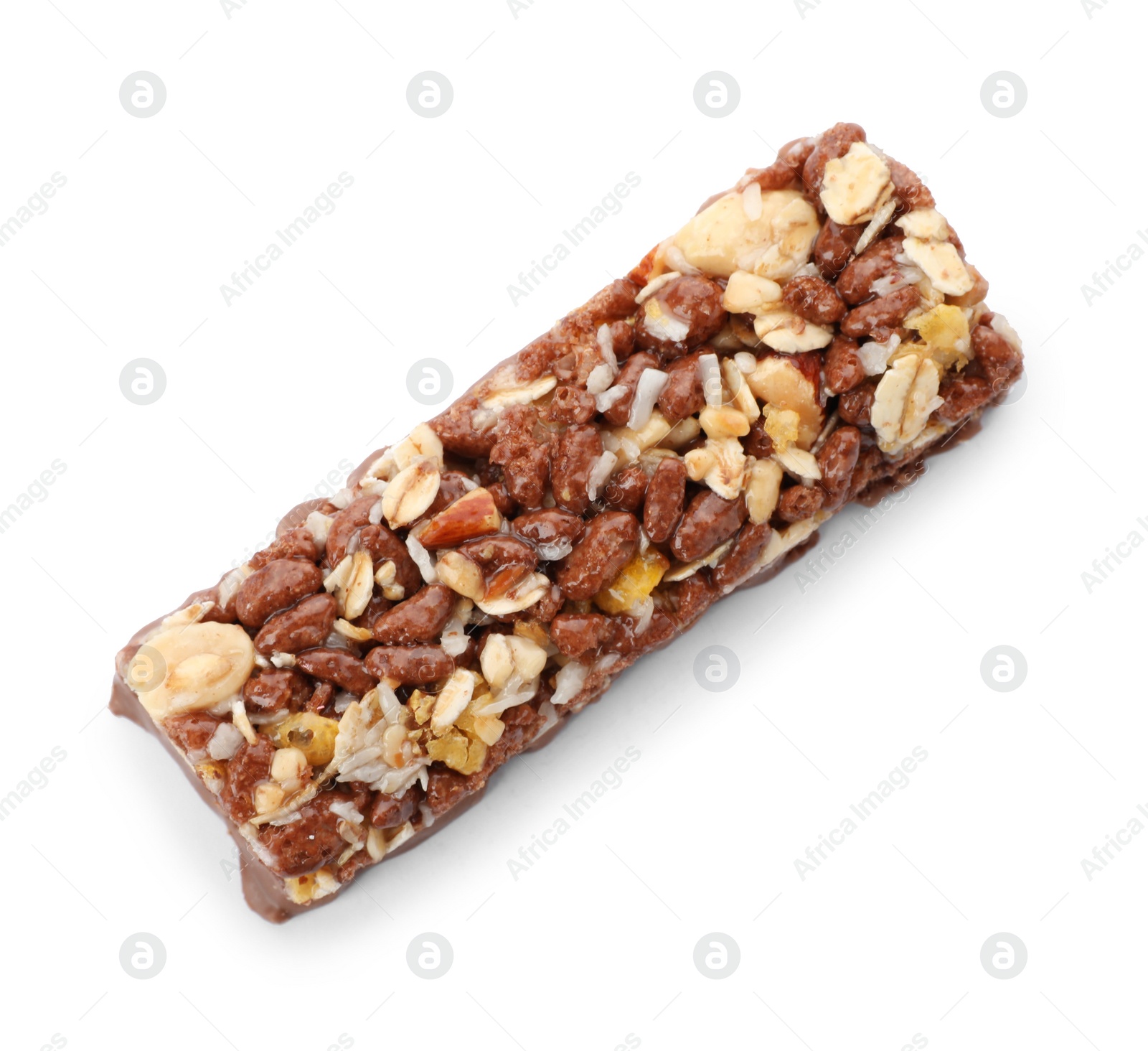 Photo of Tasty protein bar on white background, top view