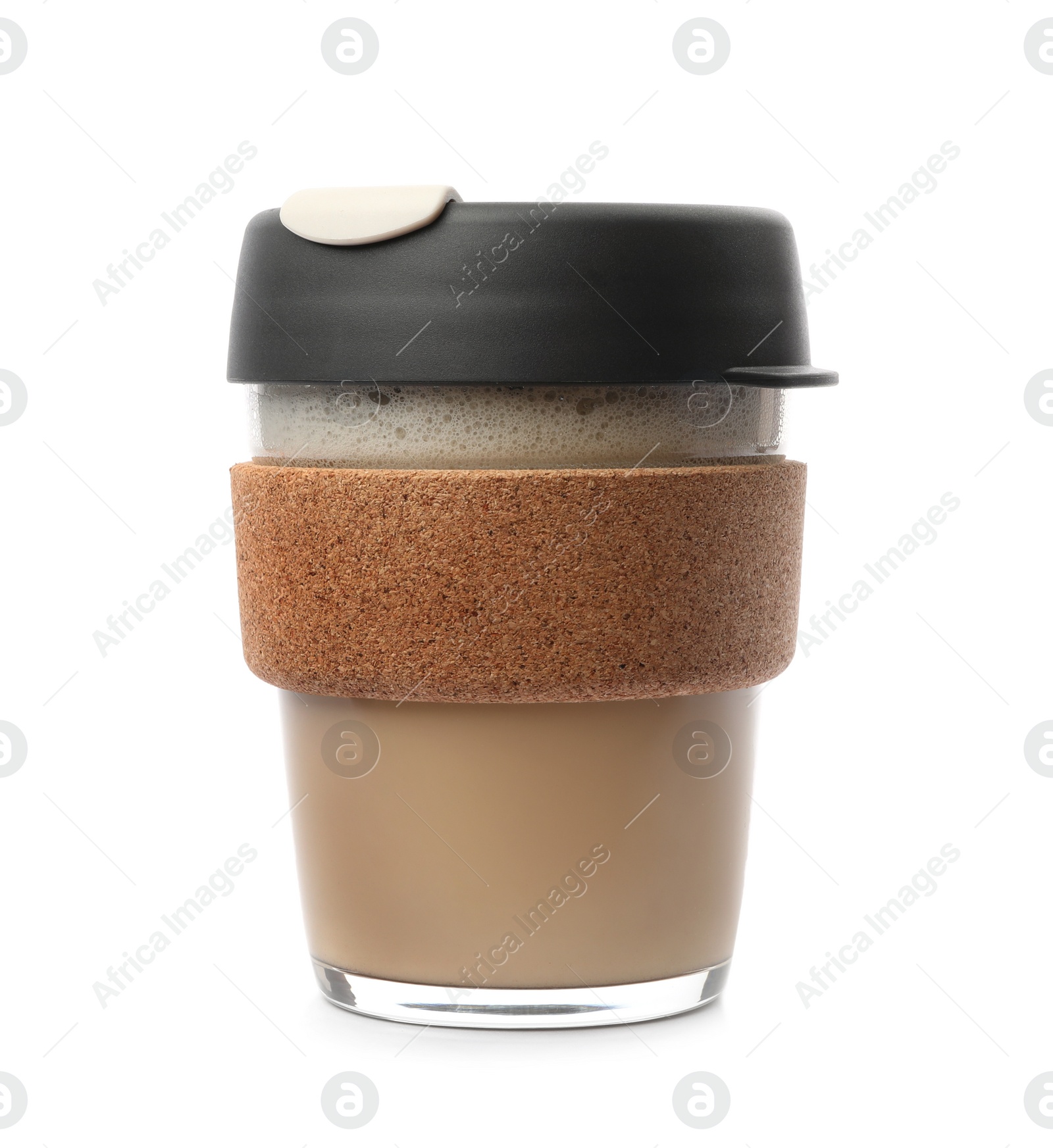 Photo of Hot coffee in reusable glass cup isolated on white