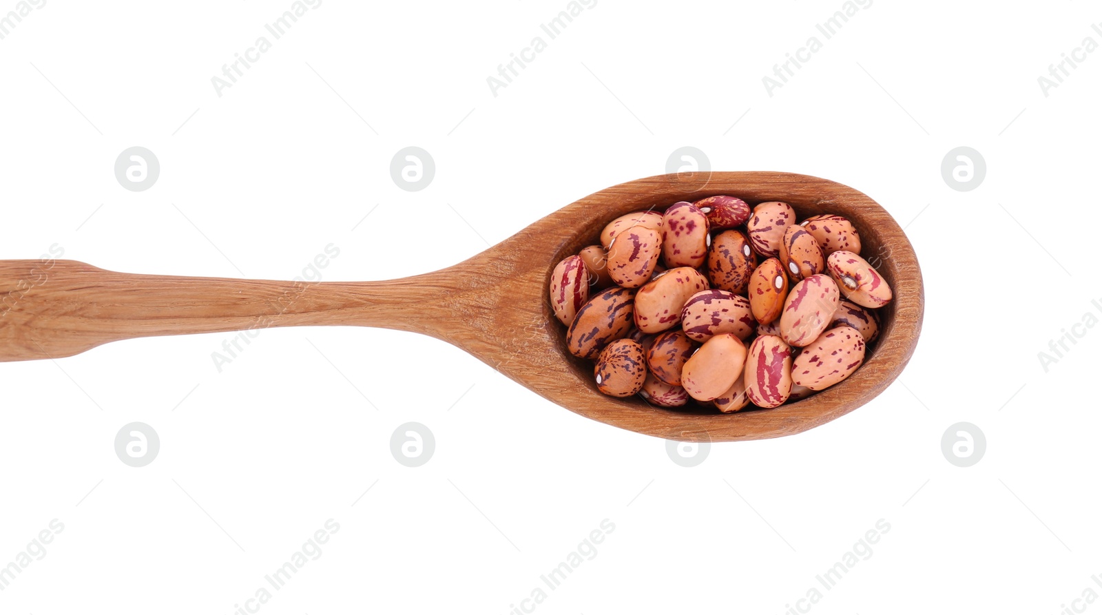 Photo of Wooden spoon with dry kidney beans isolated on white, top view