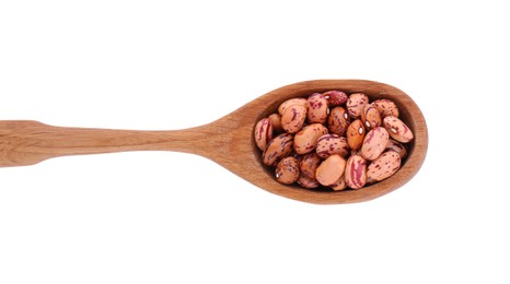 Wooden spoon with dry kidney beans isolated on white, top view