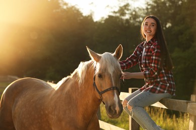 Photo of Beautiful woman with adorable horse outdoors on sunny day. Lovely domesticated pet