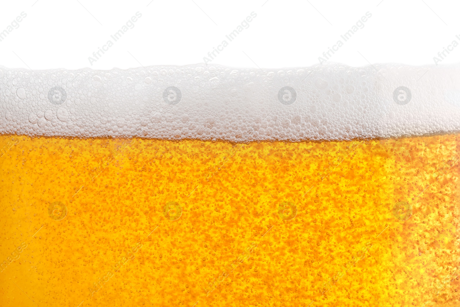 Photo of Tasty beer with foam in glass, closeup