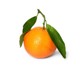 Photo of One fresh tangerine with green leaves isolated on white