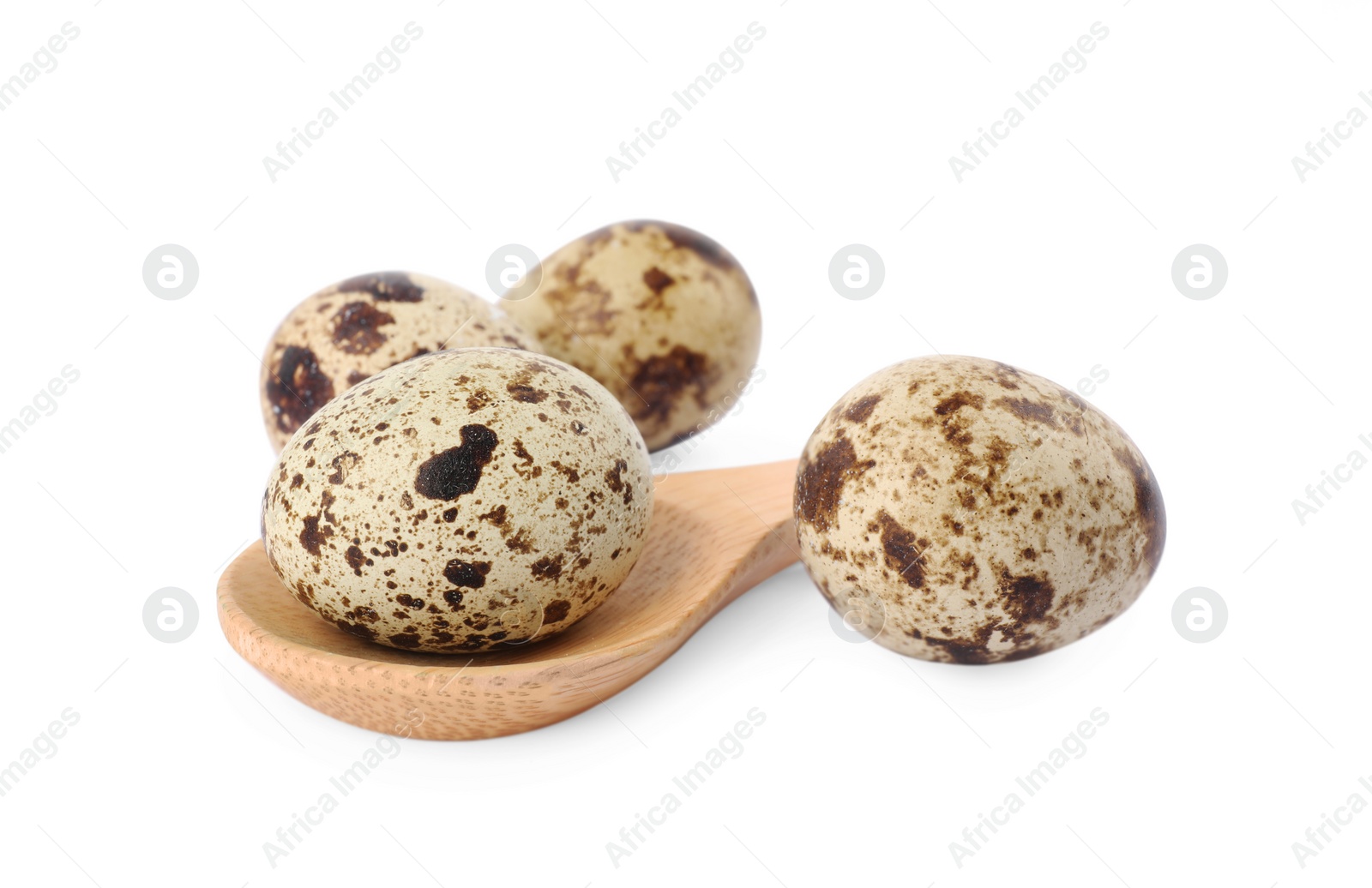 Photo of Wooden spoon and quail eggs on white background