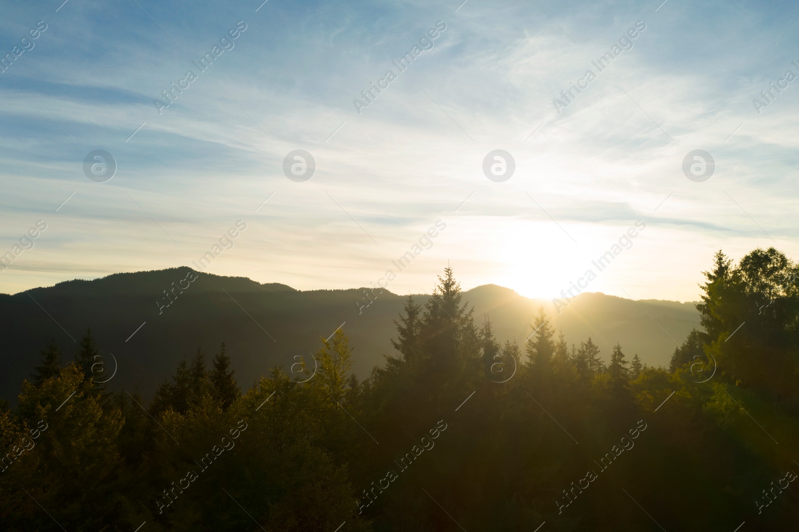 Image of Aerial view of beautiful mountain landscape with green trees at sunrise