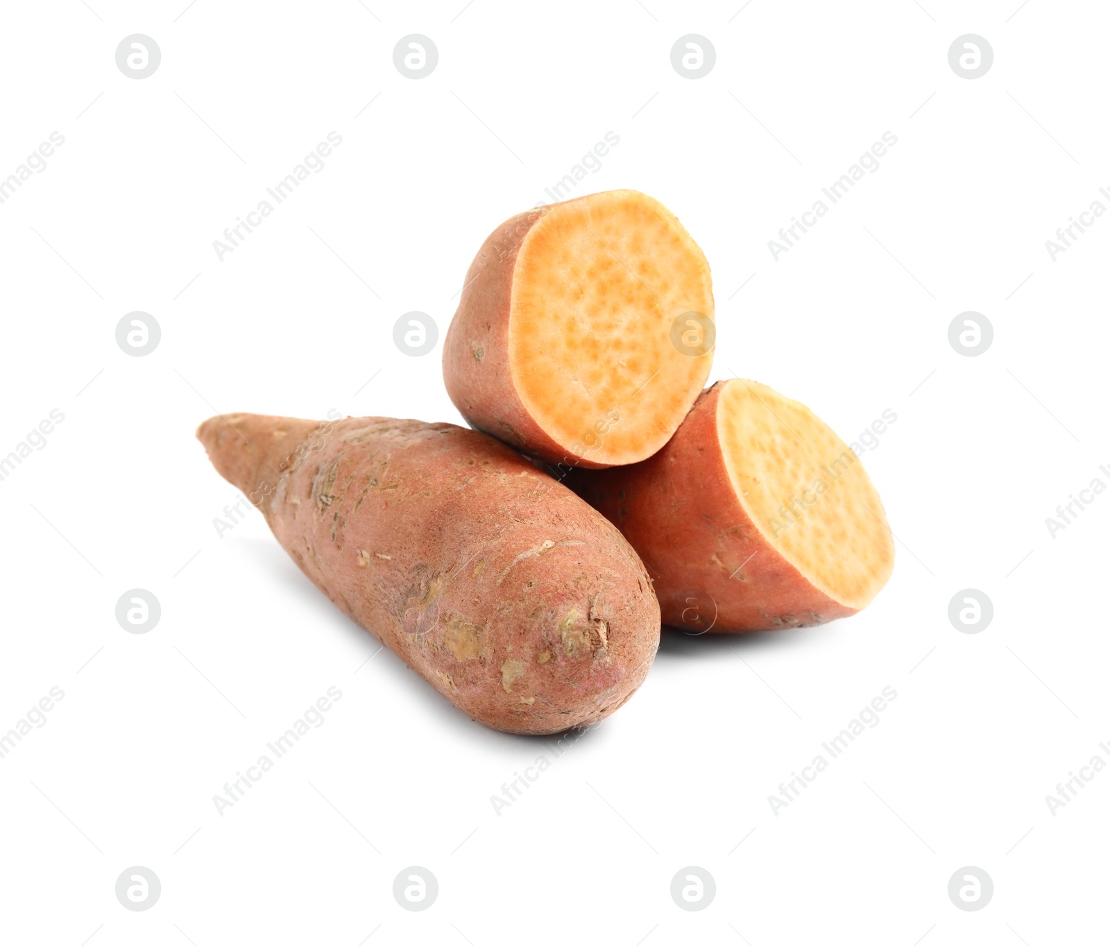 Photo of Fresh ripe sweet potatoes on white background