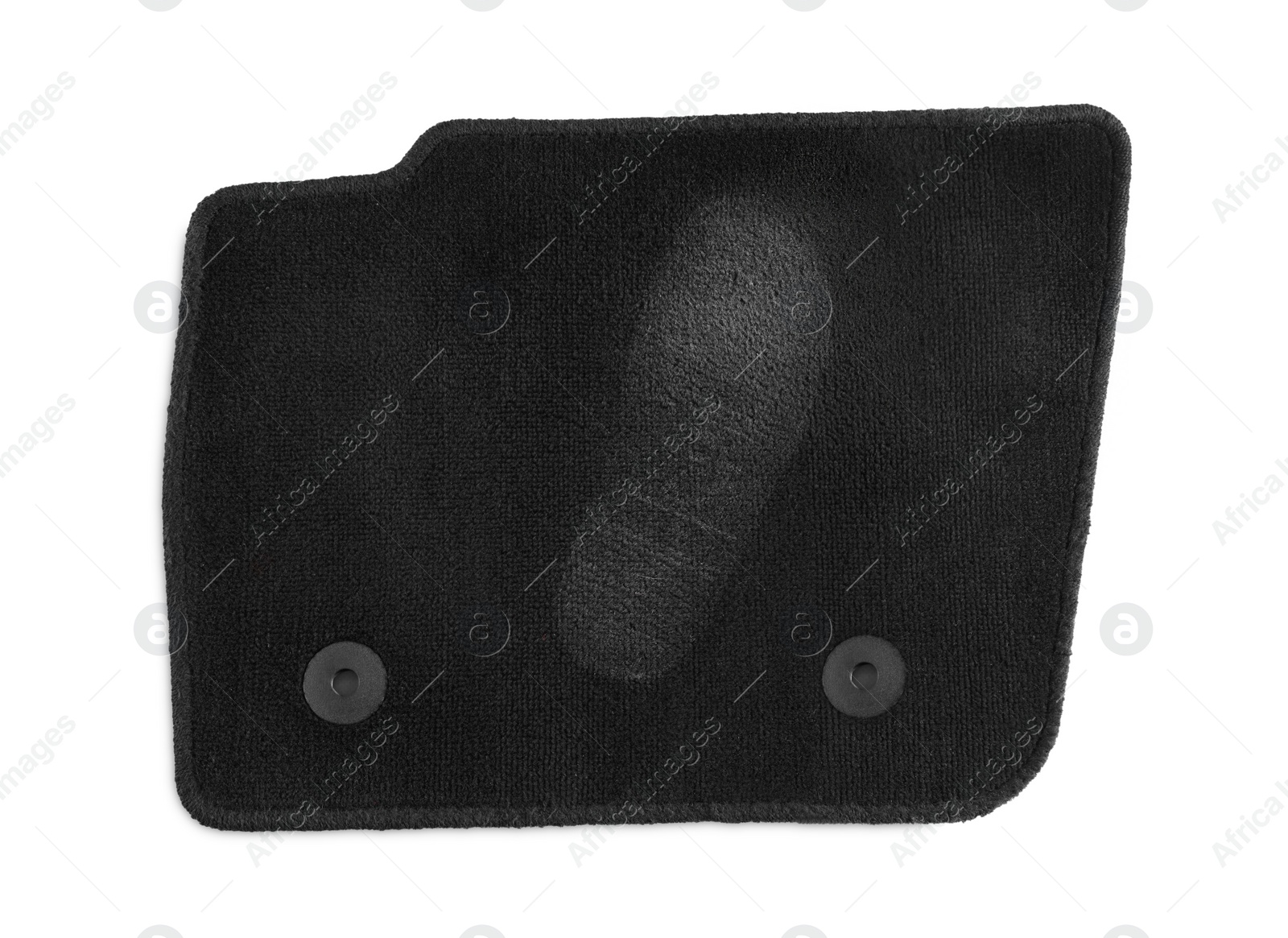 Photo of Black car floor carpet with footprint isolated on white, top view