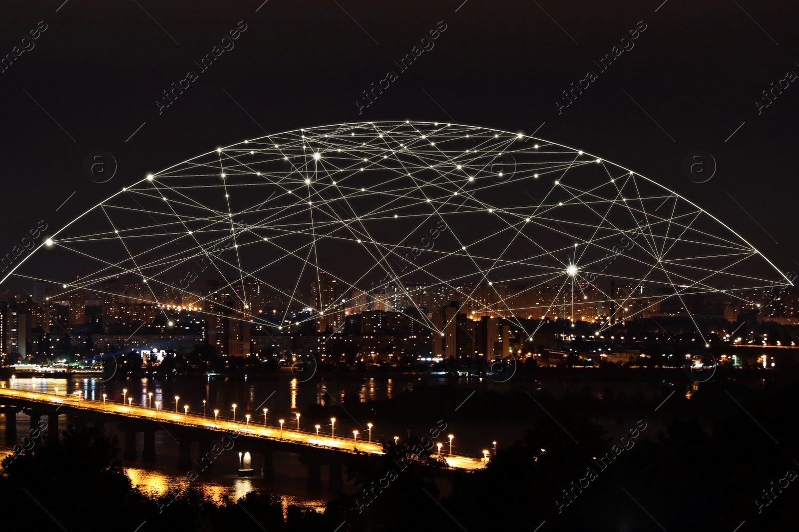 Image of Night cityscape and network connection lines. Cloud technology