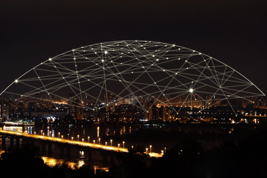 Night cityscape and network connection lines. Cloud technology