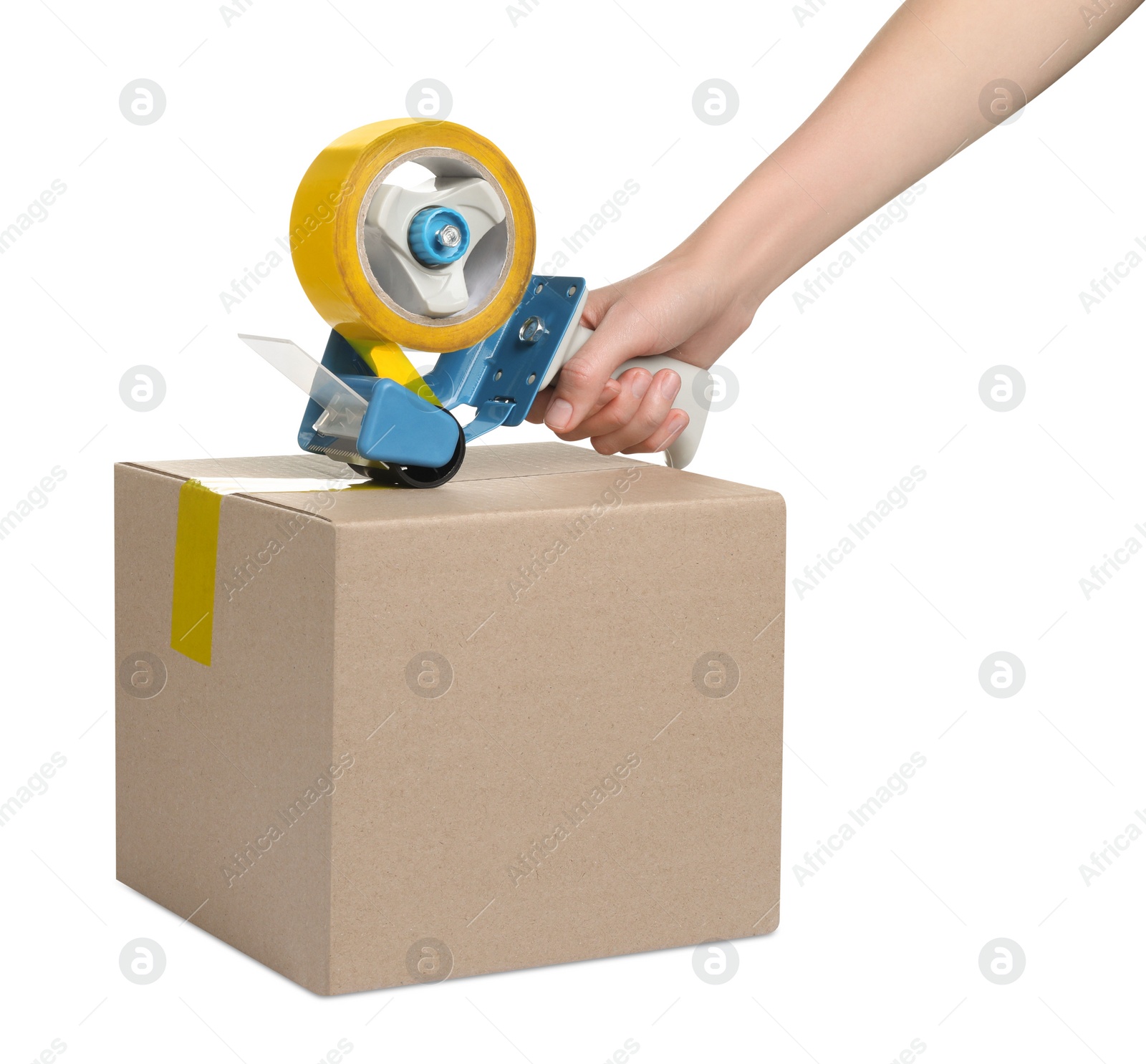 Photo of Woman applying adhesive tape on box with dispenser against white background, closeup