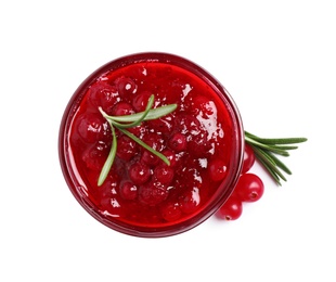 Cranberry sauce with rosemary and fresh berries on white background, top view