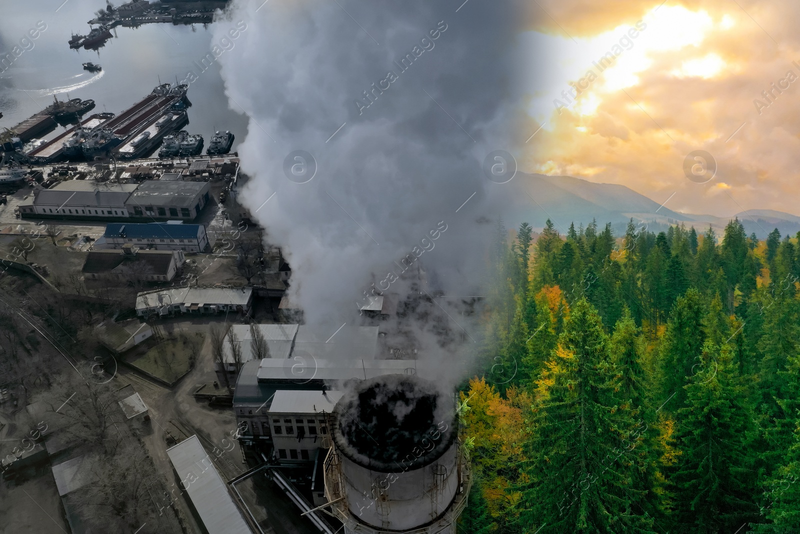 Image of Environmental pollution. Collage divided with smoke into dense forest and industrial factory