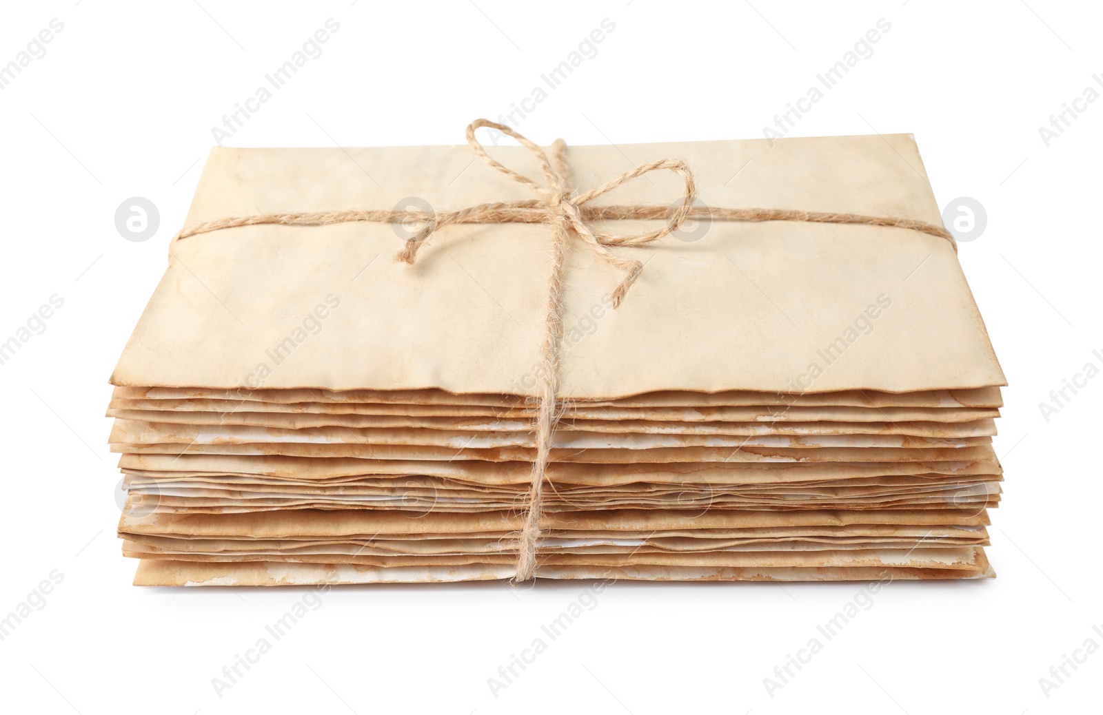 Photo of Stack of old letters wrapped with twine on white background