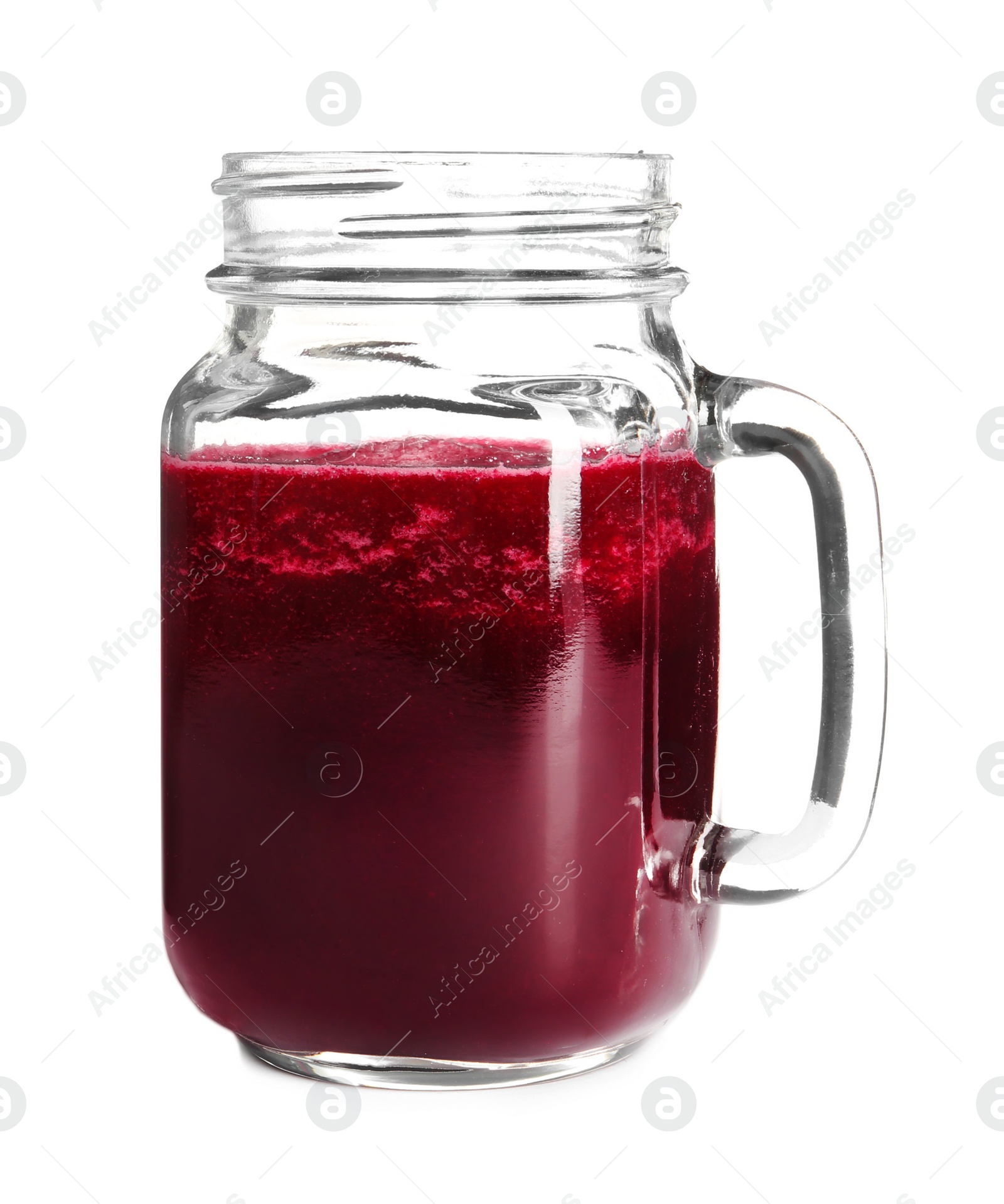 Photo of Mason jar of beet smoothie on white background