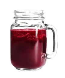 Photo of Mason jar of beet smoothie on white background