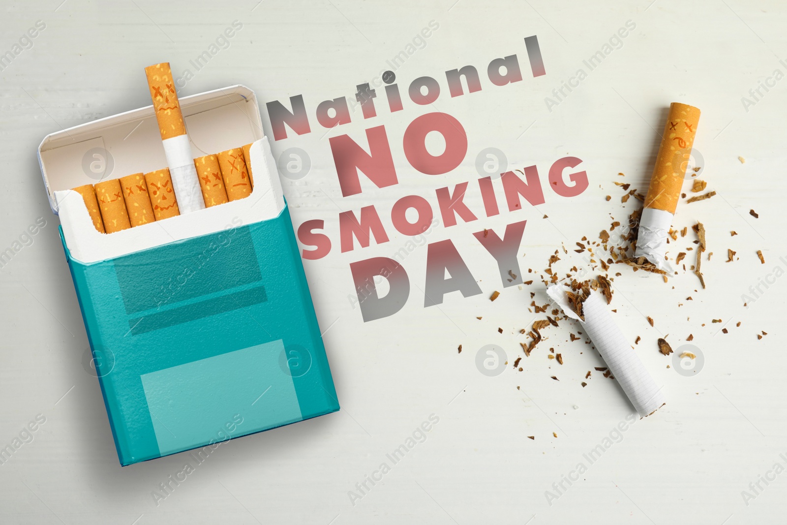 Image of National No Smoking Day.Pack and cigarettes on white background, flat lay