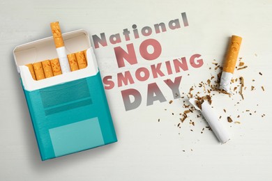 Image of National No Smoking Day.Pack and cigarettes on white background, flat lay