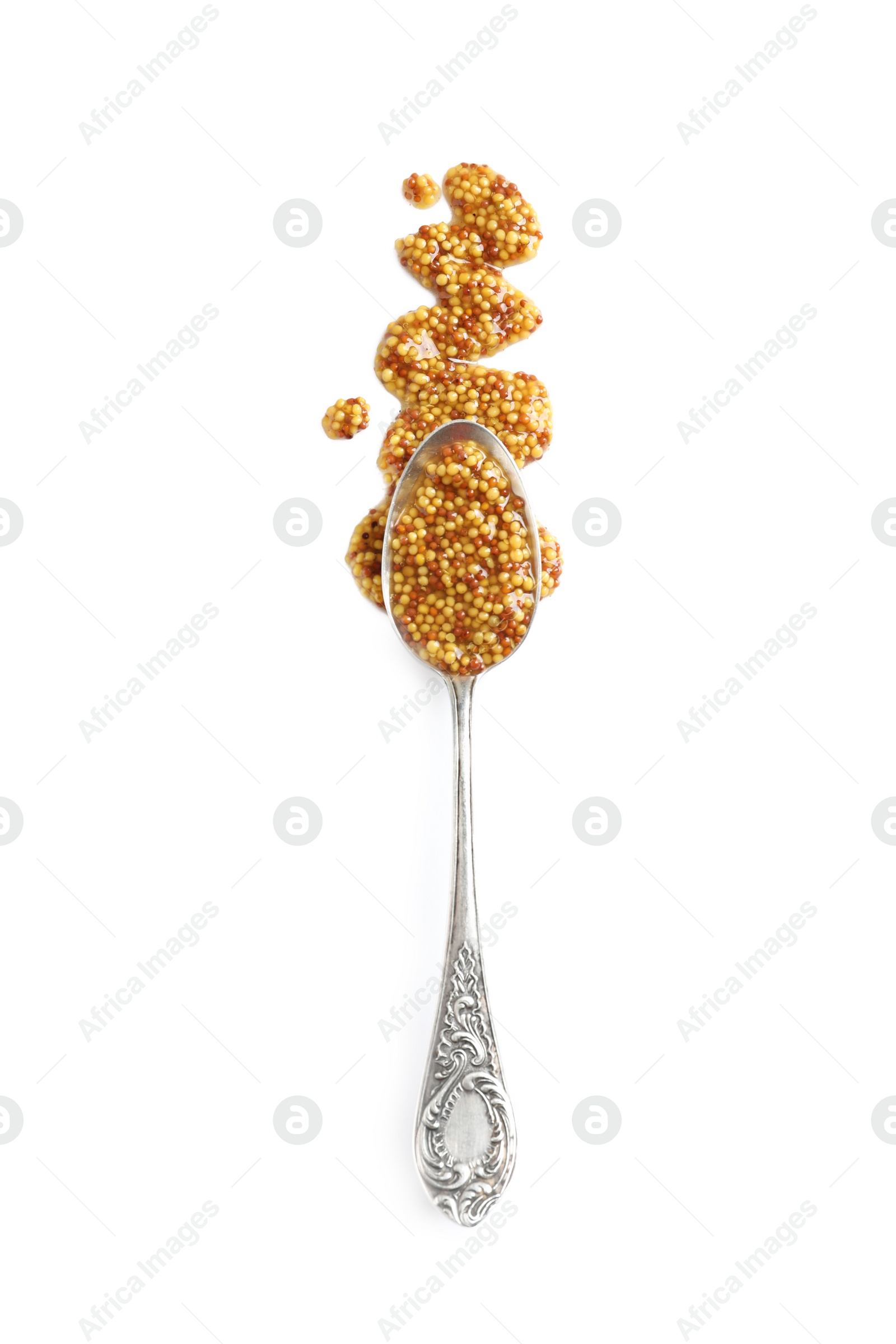 Photo of Delicious mustard beans and spoon on white background, top view. Spicy sauce