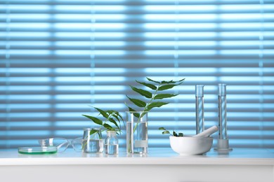 Photo of Laboratory glassware with plants on white table, toned in blue