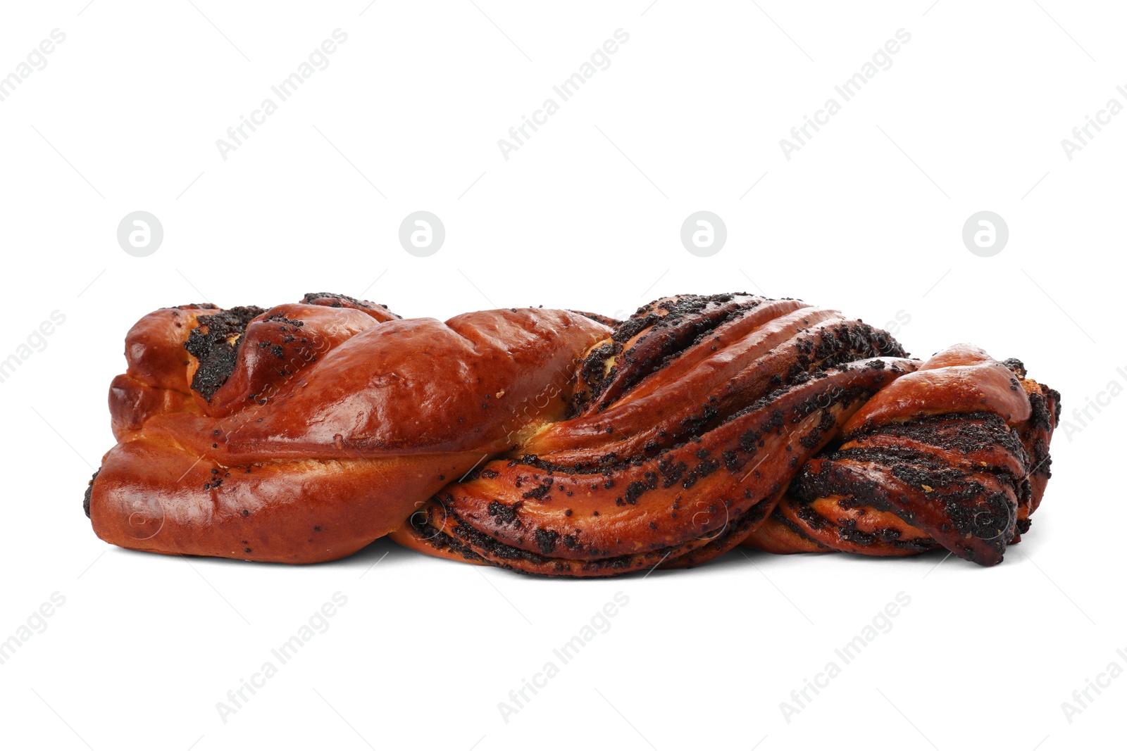 Photo of Tasty sweet bun with poppy seeds isolated on white. Fresh pastry