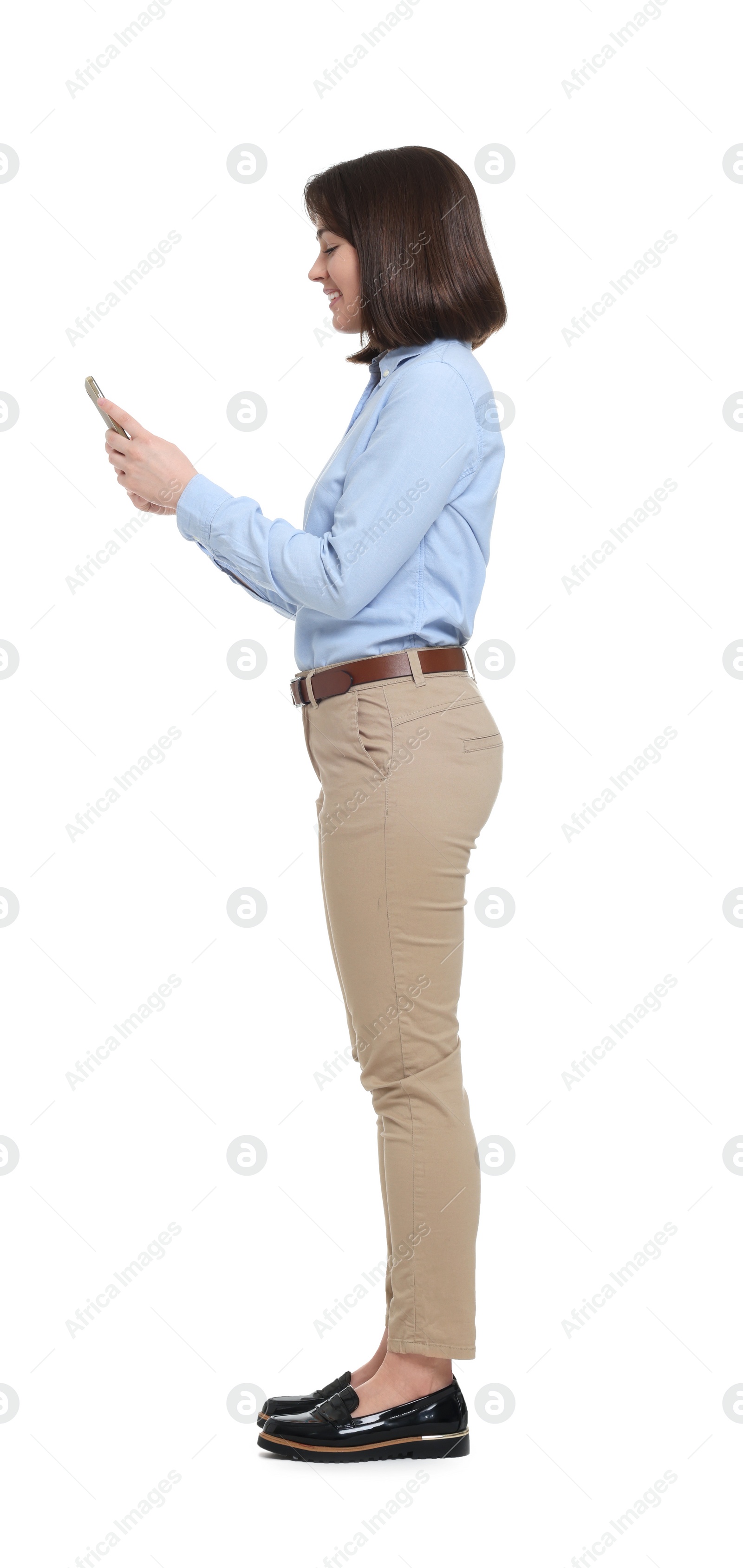 Photo of Happy businesswoman woman using smartphone on white background
