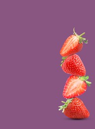 Image of Stack of fresh strawberries on pale purple background, space for text