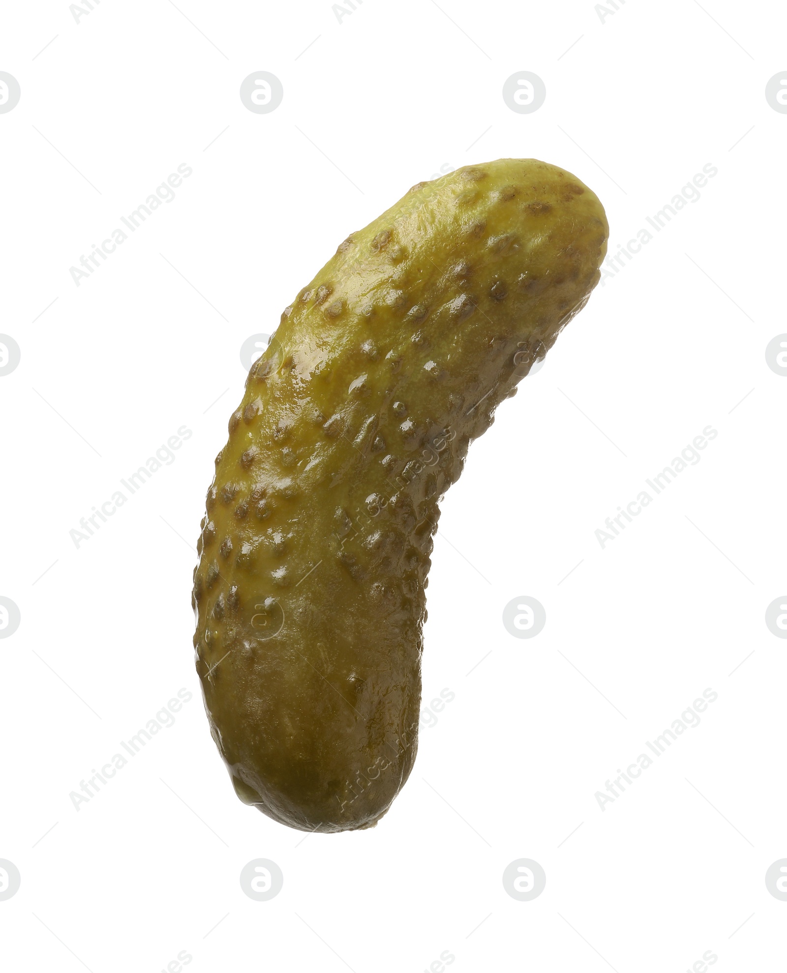 Photo of One tasty pickled cucumber isolated on white