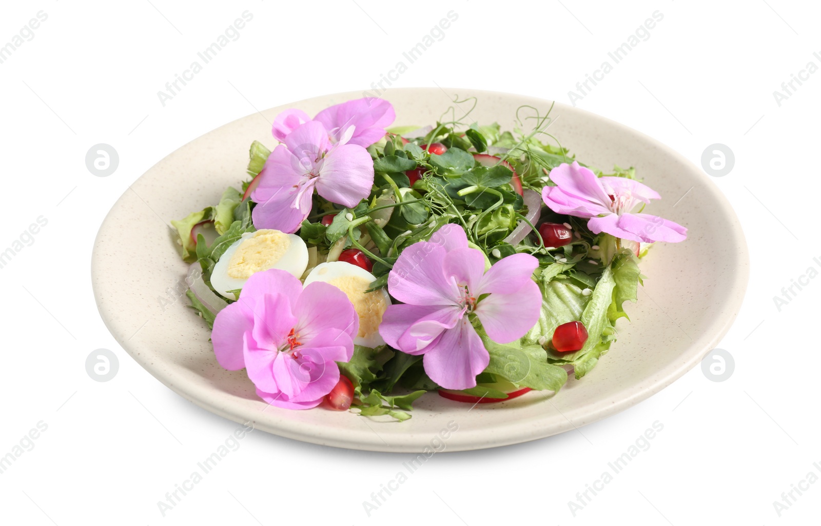 Photo of Fresh spring salad with flowers isolated on white