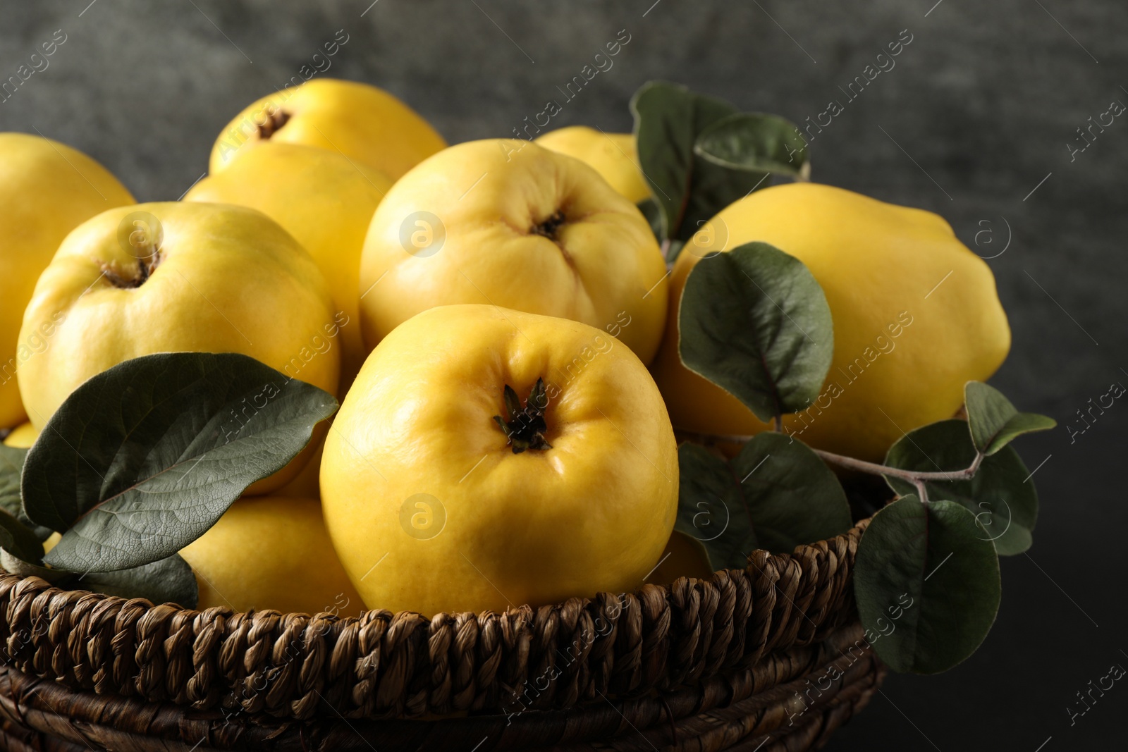 Photo of Fresh ripe organic quinces with leaves in wicker basket on grey background, closeup