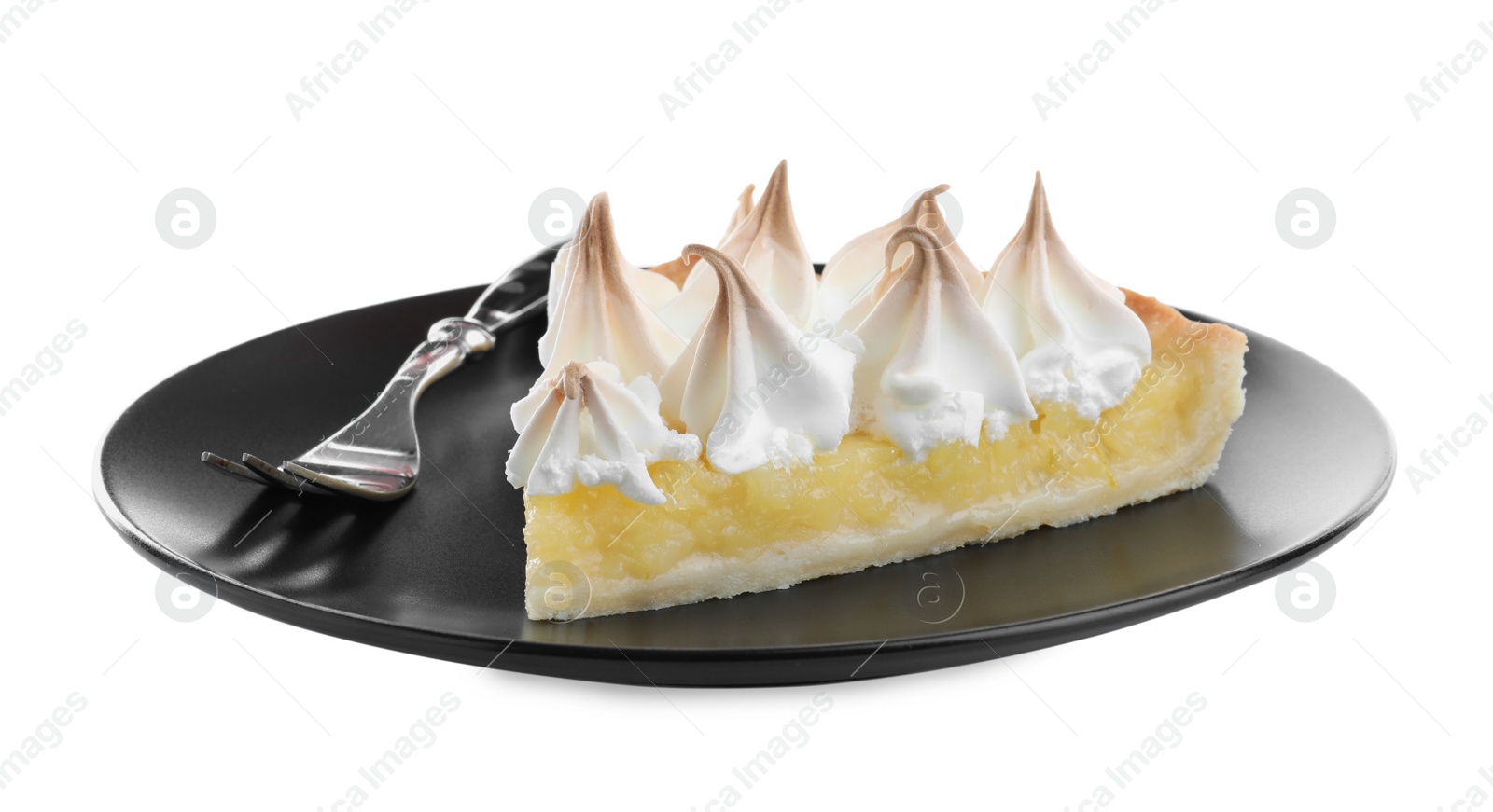 Photo of Piece of delicious lemon meringue pie with plate and fork isolated on white