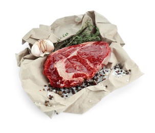 Photo of Piece of fresh beef meat, thyme and spices on white background, top view