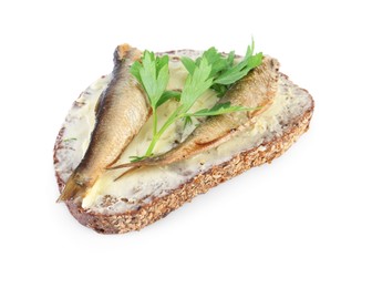 Photo of Delicious sandwich with smoked sprats and parsley isolated on white