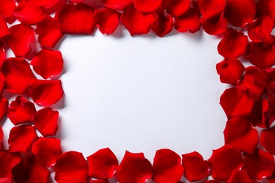 Photo of Frame of beautiful red rose petals on white background, top view