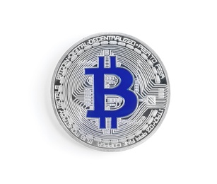 Photo of Bitcoin isolated on white, top view. Digital currency
