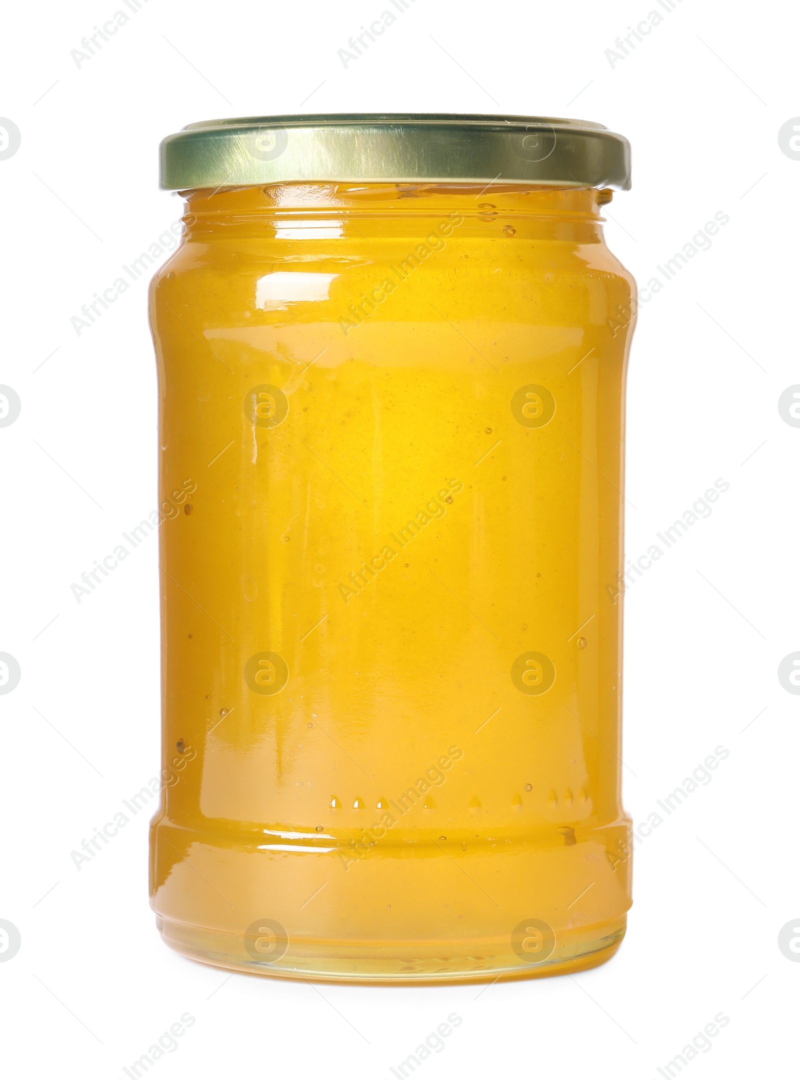 Photo of Tasty natural honey in glass jar isolated on white