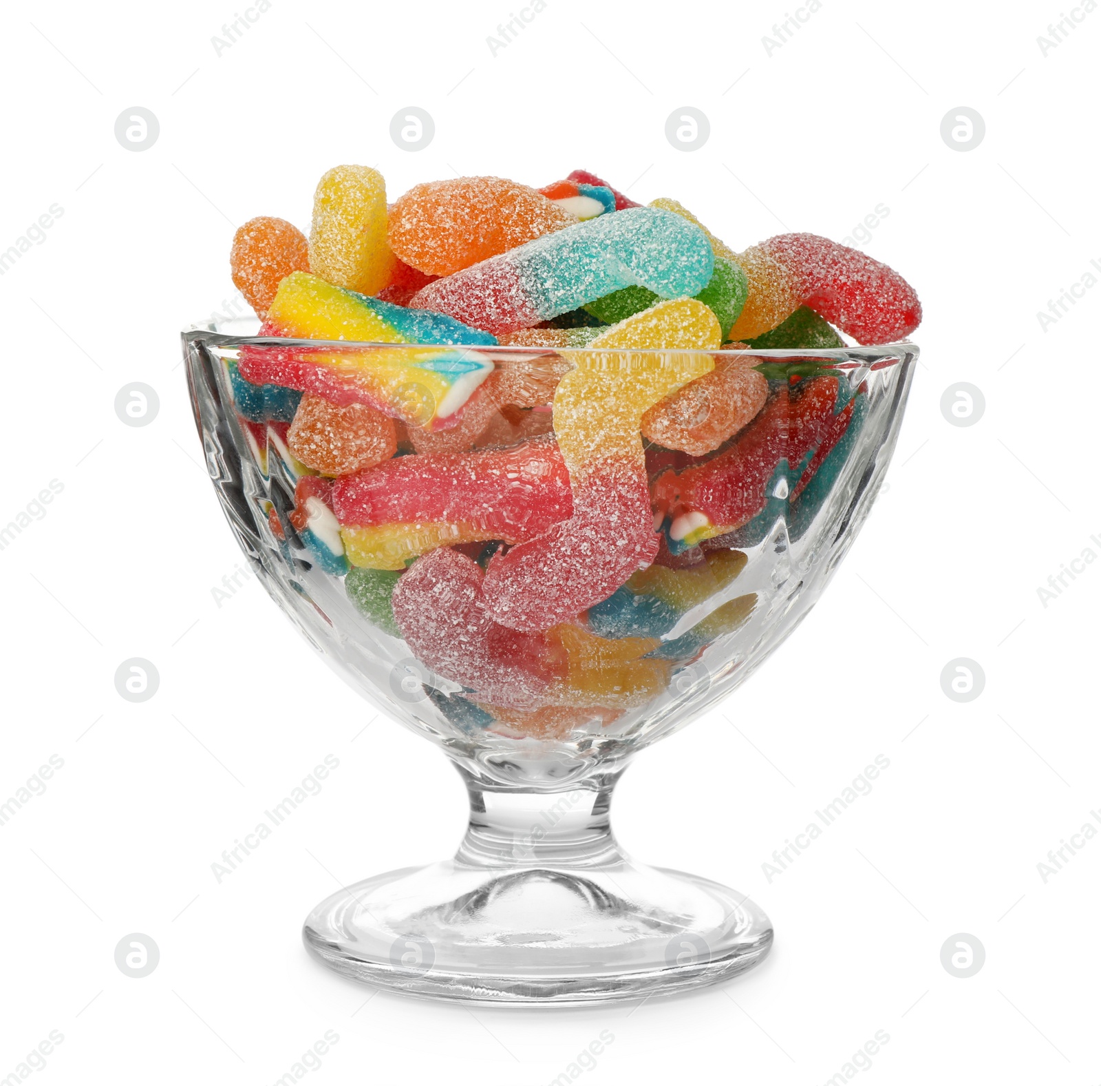 Photo of Many jelly candies in glass dessert bowl isolated on white