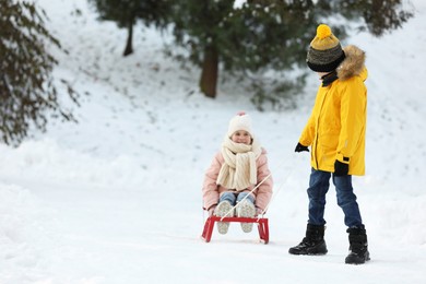 Photo of Little boy pulling sledge with his sister through snow in winter park, space for text
