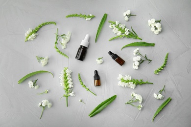 Photo of Flat lay composition with essential oils and flowers on grey background