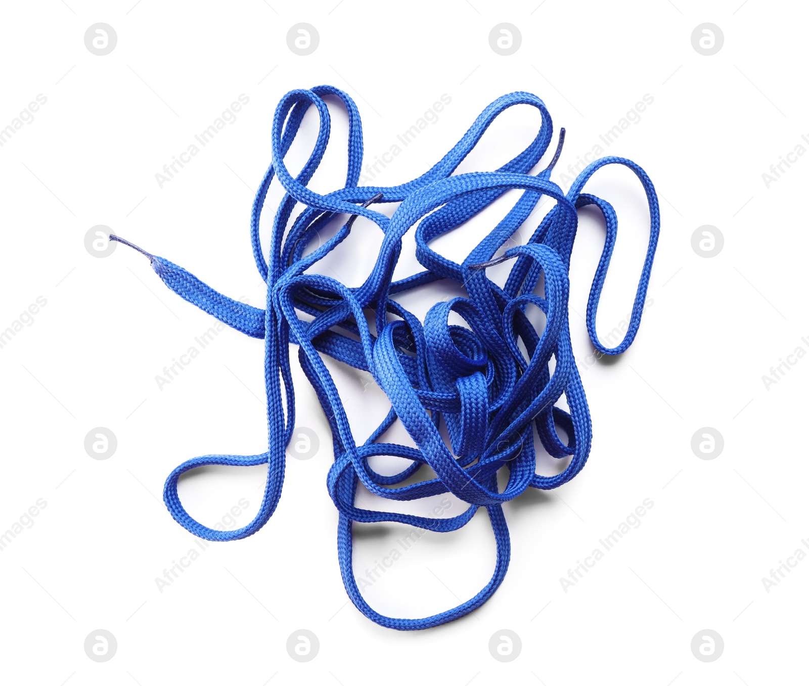 Photo of Blue shoe laces isolated on white, top view