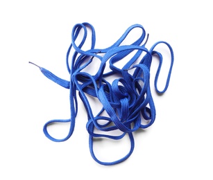 Photo of Blue shoe laces isolated on white, top view