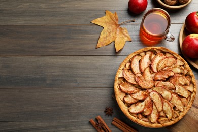 Photo of Delicious apple pie, ingredients and cup of tea on wooden table, flat lay. Space for text