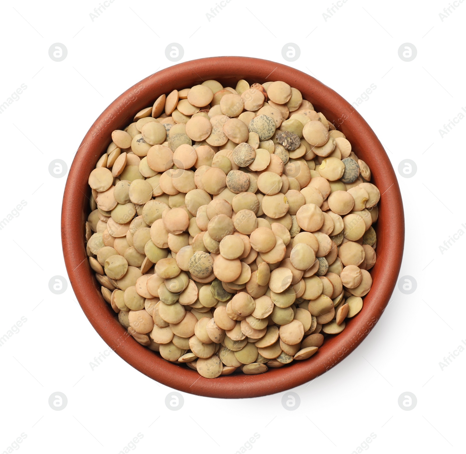 Photo of Raw lentils in bowl isolated on white, top view