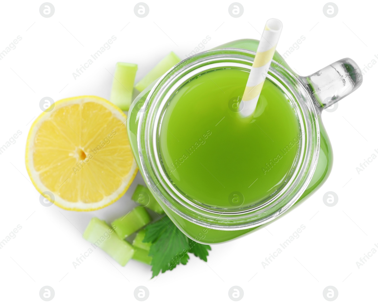 Photo of Celery juice in mason jar and fresh ingredients on white background, top view